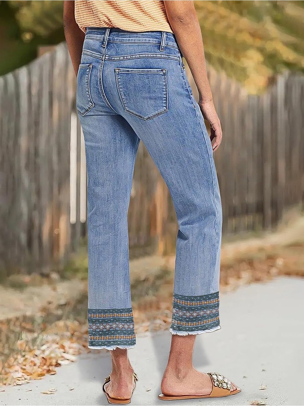 Flamingals Cropped Embroidered Jeans | XL (12/14)| Raw Hem Boho Denim - Picture 5 of 8